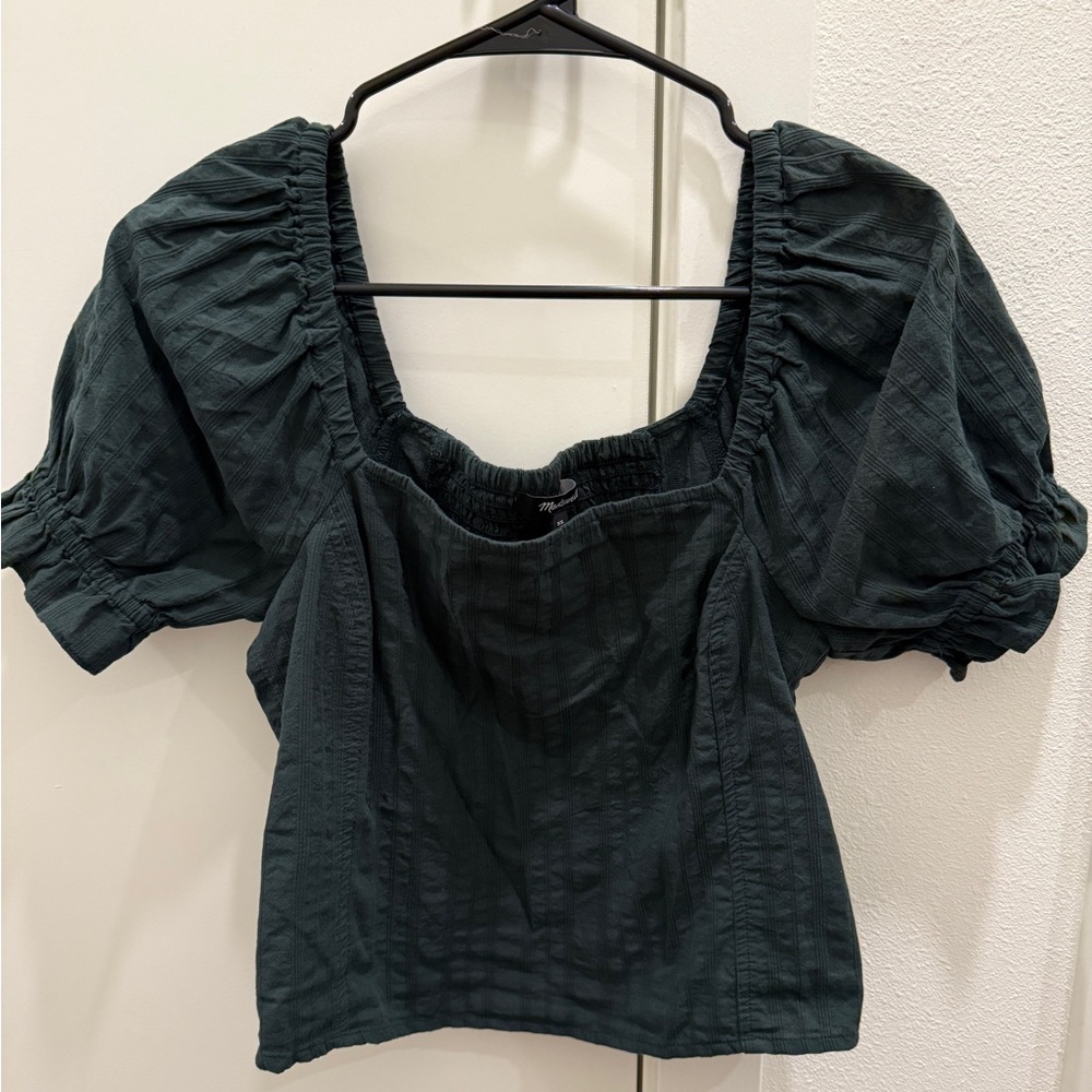 Madewell Forrest Green Puff Sleeve, Smocked Top